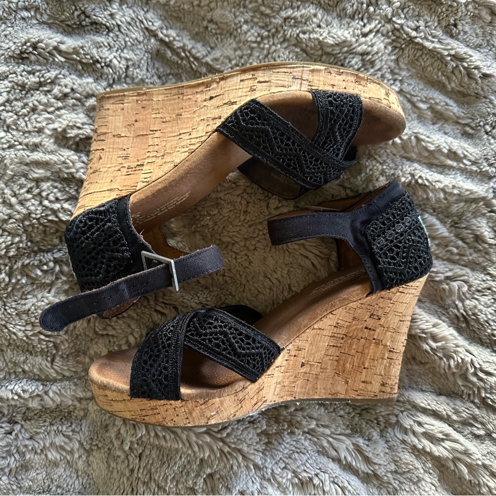 TOMS Black Crochet Cork Platform Sandals